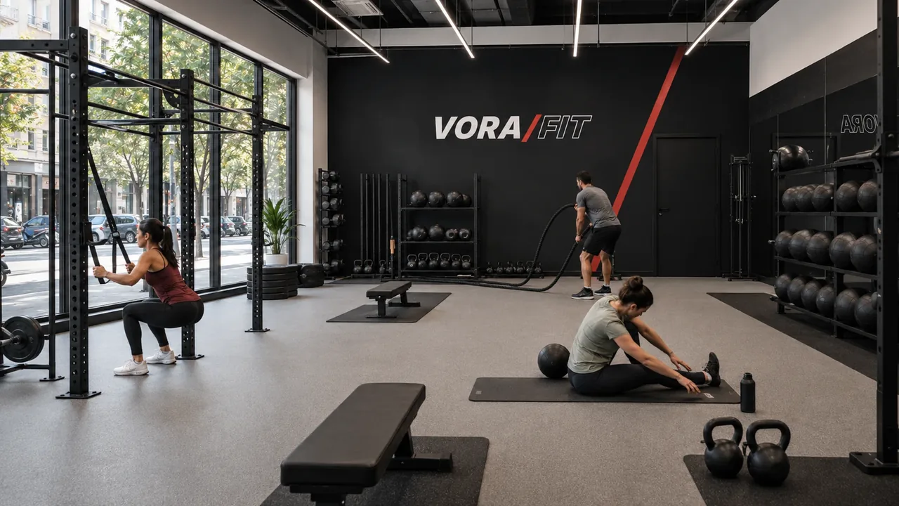 Recreación virtual de la zona de entrenamiento funcional con kettlebells y battle ropes