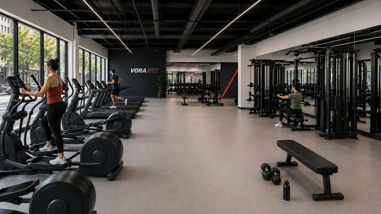 Recreación virtual de la sala principal de VORA/FIT con zona de cardio y racks de fuerza